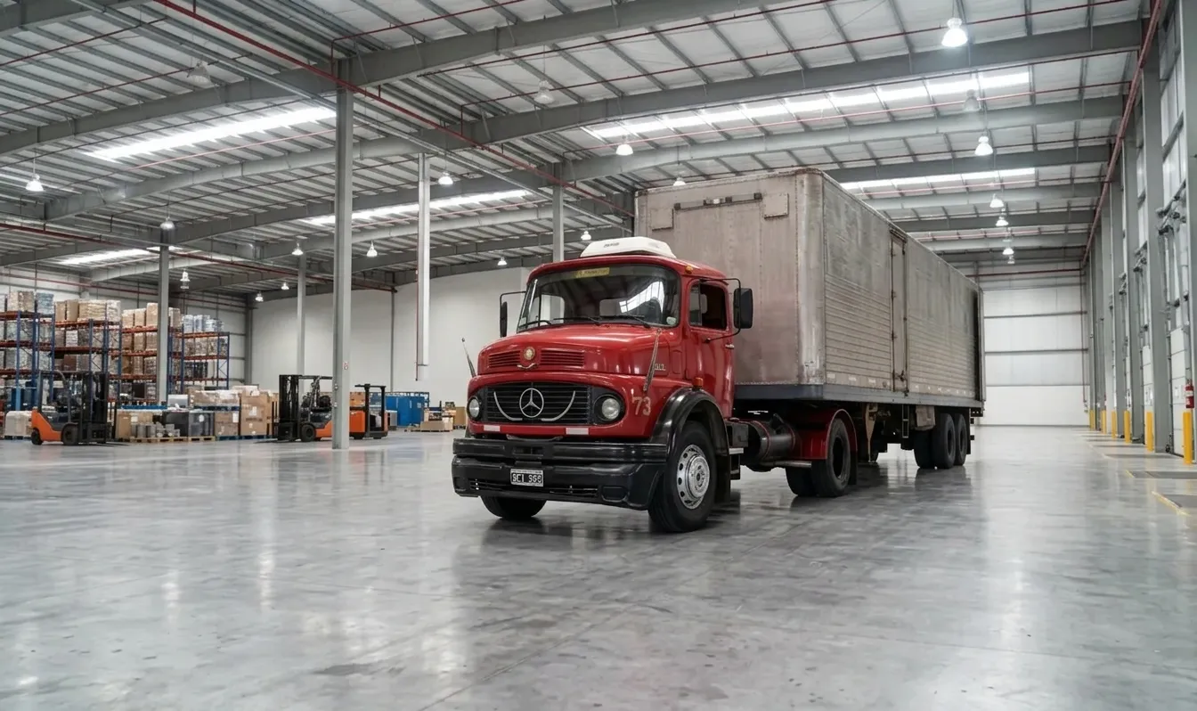 Camión Mercedes-Benz 1114 con acoplado dentro del depósito de Avellaneda