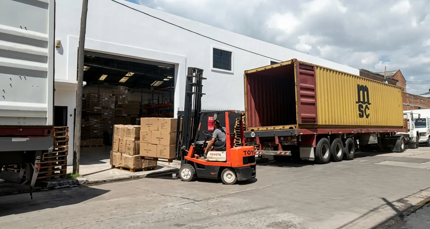 Autoelevador descargando un contenedor MSC en el portón del depósito